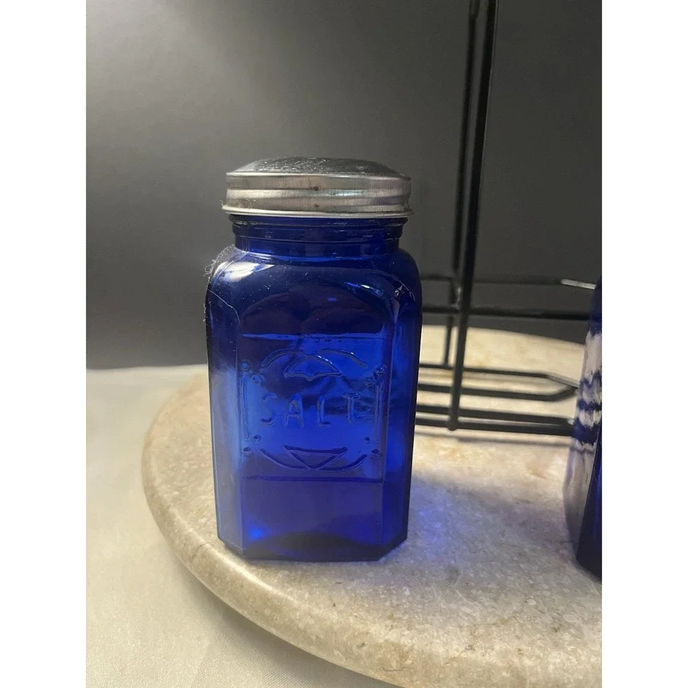 Vintage Cobalt Blue King's Crown Salt and Pepper Shakers with Carry Set
